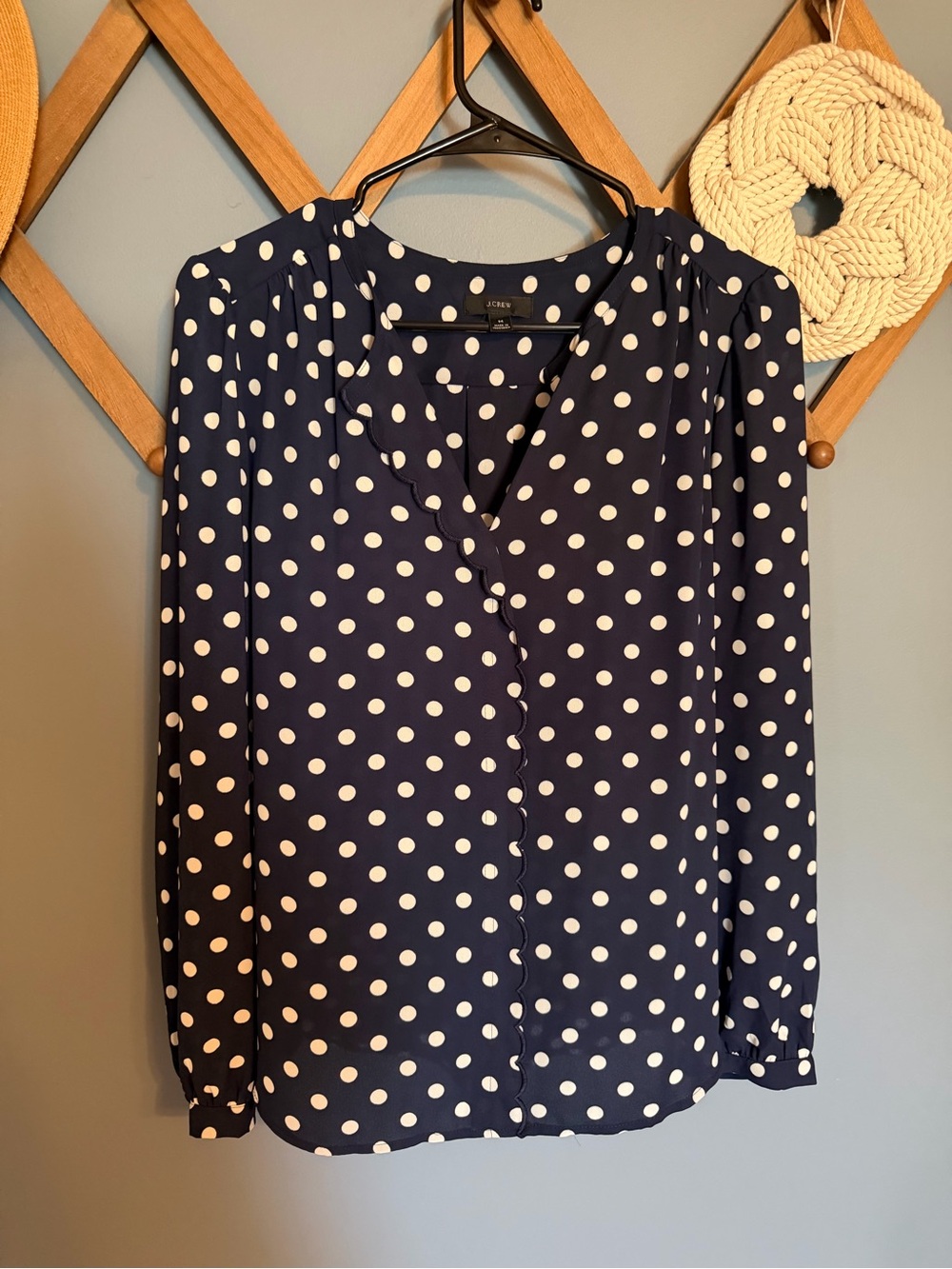 J. Crew Navy and White Polka Dot Button-Front Blouse